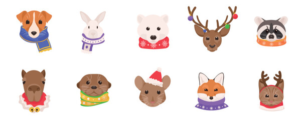 Set of funny animals in Christmas costumes and warm scarves on white background