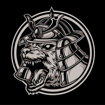 Logo object with a wolf's head on a samurai helmet, black background. Vector inspiration. This logo is for the community, shirt logo, emblem, poster. Vector illustration.