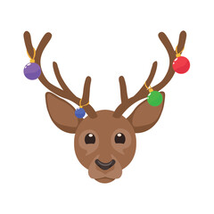 Funny deer with Christmas balls on white background