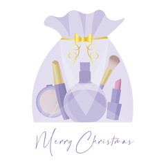 Gift bag with set of makeup cosmetics on white background. Christmas celebration
