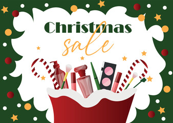 Advertising banner for Christmas sale with makeup cosmetics