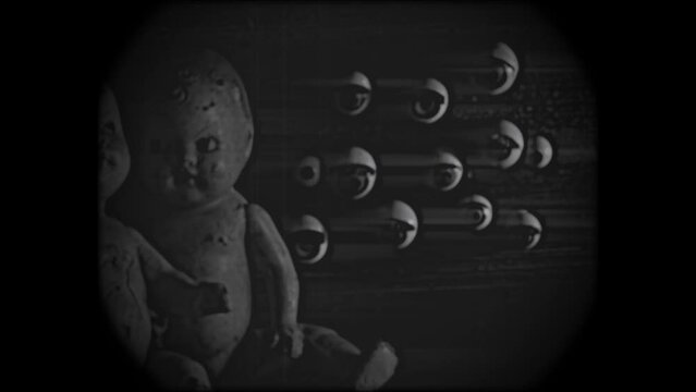 CREEPY DOLLS AND EYE BALLS IN KINESCOPE-LOOKING FOOTAGE.  FULL HD.