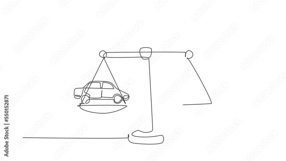 Poster animated self drawing of continuous one line draw money sack scales concept with a car on one side a