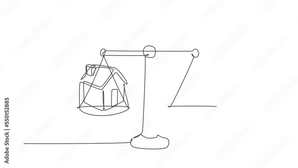 Poster self drawing animation of single line draw house money sack scales concept with house on one side an