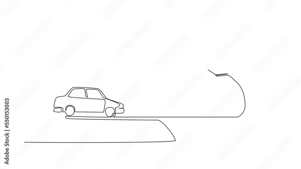 Poster animated self drawing of continuous line draw car, auto loan or transforming assets into cash concep