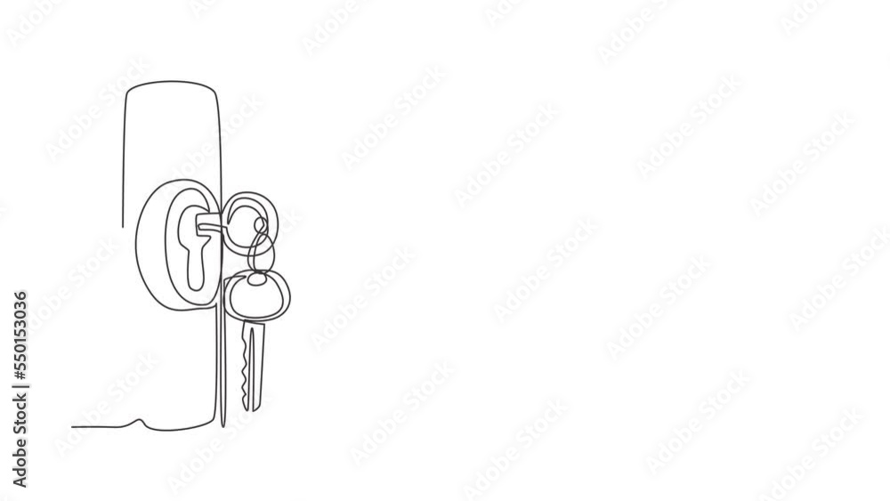 Poster self drawing animation of single line draw keys stuck in lock. insert key into keyhole house. open d