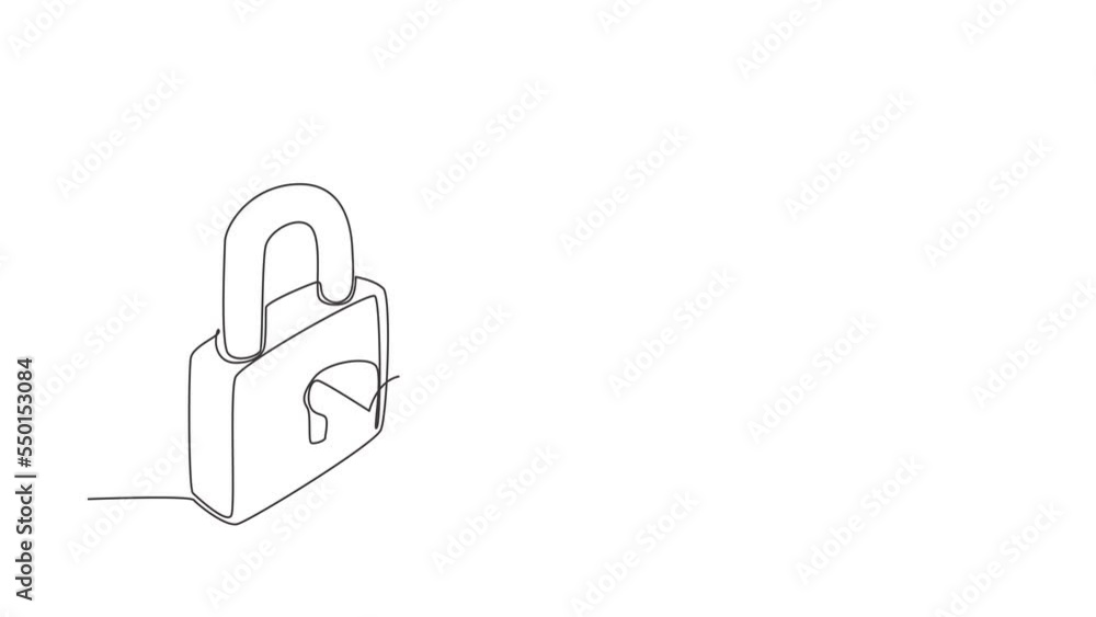 Poster animated self drawing of continuous line draw key and lock. security padlock, locked and unlocked. s