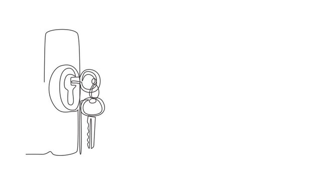 Self drawing animation of single line draw keys stuck in lock. Insert key into keyhole house. Open door. Real Estate, template for sales, advertising. Continuous line draw. Full length animated