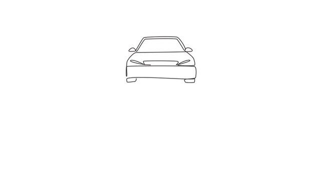 Self drawing animation of single line draw car shaped car key. Keyring, remote control key in vehicle interior. Electronic key with little car shape keyring. Continuous line draw. Full length animated