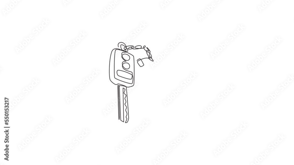 Poster Self drawing animation of single line draw key car and key ring over the metallic. Clipping path included. Electronic key front, back view and alarm system. Continuous line draw. Full length animated