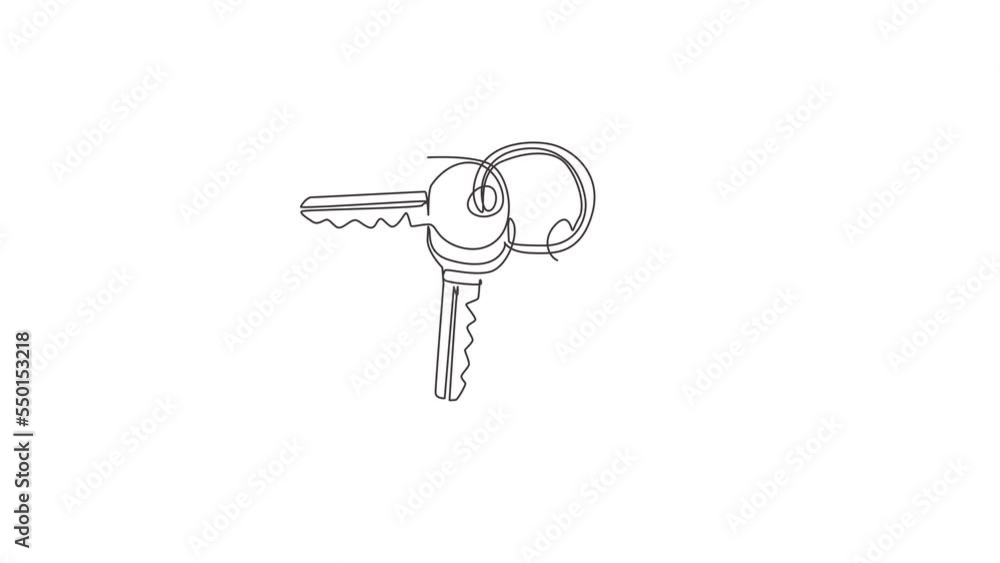 Poster animated self drawing of single continuous line draw keychain with key ring, two keys and a pendant 