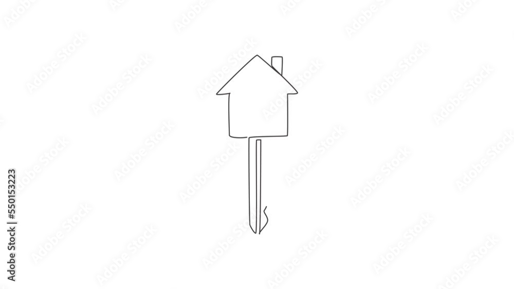 Poster animated self drawing of continuous line draw black flat style key, house icon shape. elegant key ho