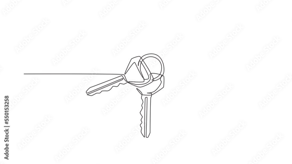 Poster self drawing animation of single line draw keys with car shaped holders. keychain with key ring, two