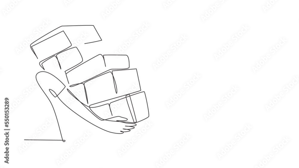 Poster animated self drawing of continuous line draw portrait of boy carrying stack of wrapped gifts box on