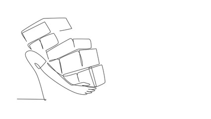 Animated self drawing of continuous line draw portrait of boy carrying stack of wrapped gifts box on white background. Young man holding huge stack New Year presents. Full length single line animation