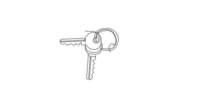Animated self drawing of single continuous line draw keychain with key ring, two keys and a pendant house locket. Key chain with house with locket vector icon. Full length one line animation