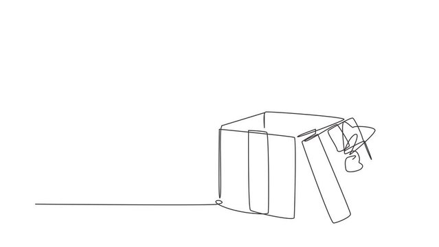 Self drawing animation of single one line draw open white gift box with ribbon and bow. Template design for surprise, celebration event, presents, birthday. Continuous line draw. Full length animated