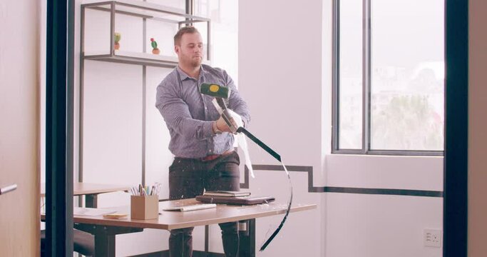 Stress, anger management and computer with businessman and hammer for glitch, disaster and frustrated. Fail, 404 and virus with angry employee and tool for problem error, crazy and burnout in office