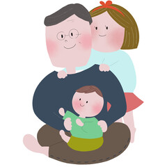 祖父に肩たたきをする孫娘と祖父に抱っこされる男の赤ちゃん