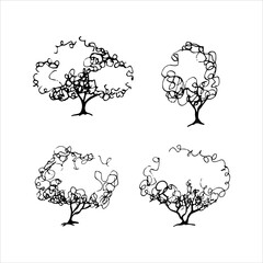 low bush tree set retro old line art etching vector