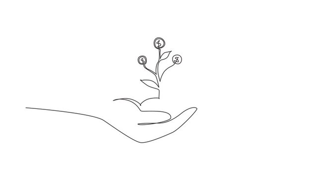 Animated self drawing of continuous line draw close up image of human hands holding sprout of money tree. Concept of earnings, success in work, money, and investment. Full length single line animation