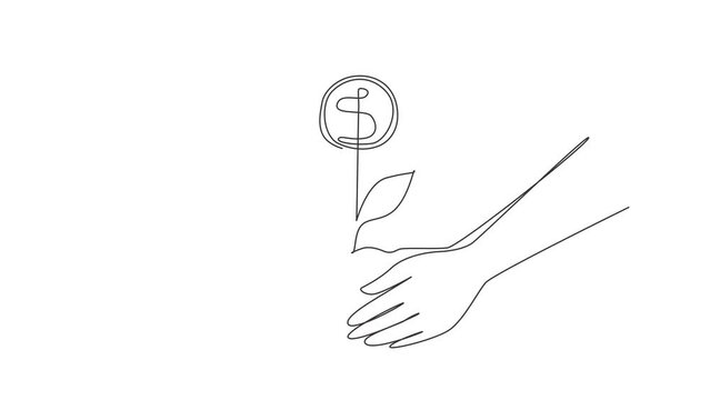 Self drawing animation of single line draw planting young money tree by kid hand on back soil as care. Concept for return coin money saving and investment. Continuous line draw. Full length animated