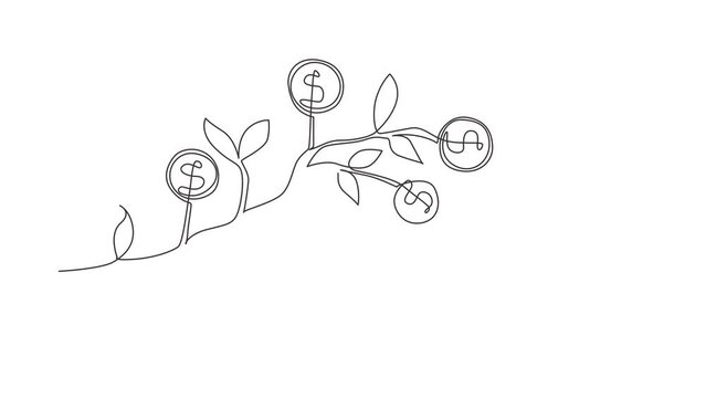 Animated self drawing of continuous line draw dollar hanging from tree branch. Money tree. Green cash banknotes with golden coins. Concept for money investment. Full length single line animation