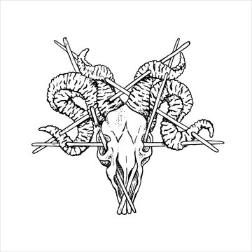 The skull of a dead four horned beast were stabbed together in the shape of a star retro old line art etching vector