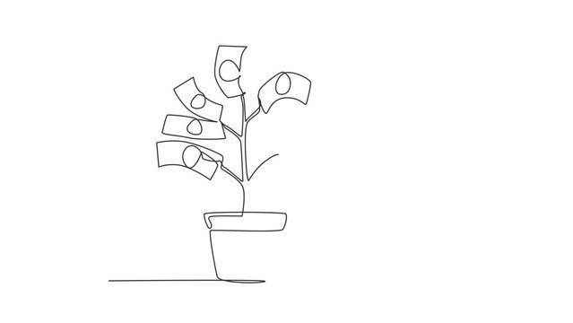 Animated self drawing of continuous line draw hand pick up dollar from money tree. Hand of businessman who pours money tree. Concept of earnings, success in work, money. Full length one line animation
