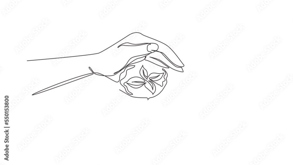 Poster self drawing animation of single line draw tree growing up and planting on land. hands kids team wor