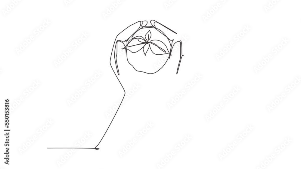 Poster animated self drawing of continuous line draw two hands carrying bag of seedlings to be planted into