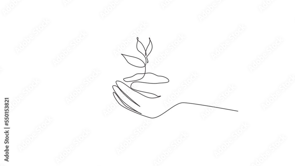 Aufkleber animated self drawing of continuous line draw earth day in the hands of trees growing seedlings. han