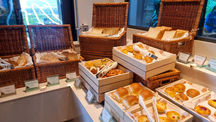 Bread in a basket at a breakfast buffet in a luxury hotel. 