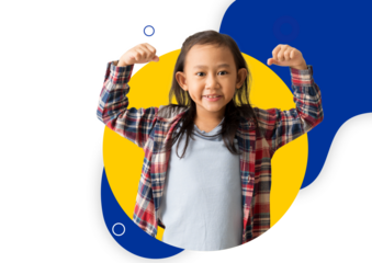 Poster flyer brochure cover layout design template in A4 Size, Positive asian child girl raises arms shows muscles