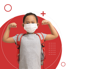 Poster flyer brochure cover layout design in A4 Size, Asian child girl in medical mask shows muscles pretends to be very strong