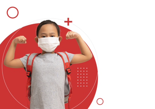 Poster flyer brochure cover layout design in A4 Size, Asian child girl in medical mask shows muscles pretends to be very strong
