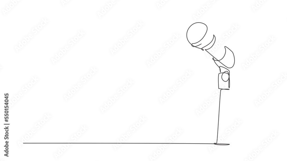 Poster self drawing animation of single line draw microphone on stand. mic on stand in musical television s