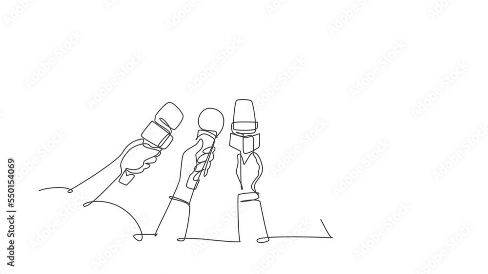 Poster self drawing animation of single line draw interview concept with microphones. newsmakers and interv