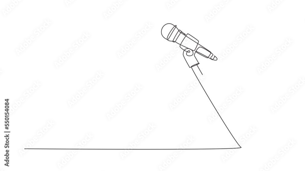 Poster self drawing animation of single line draw stand with microphone on white background. singer sing so