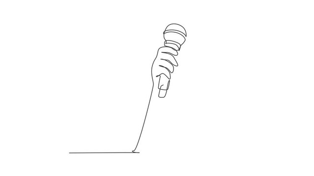 Animated self drawing of continuous line draw female hand holding microphone isolated on white background, clipping path. Karaoke people sings the song to microphone. Full length single line animation