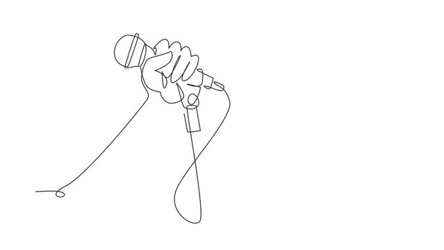 Animated self drawing of continuous line draw singer using microphone. Karaoke people sings the song to microphone. Stand up comedian holding microphone in his hand. Full length single line animation