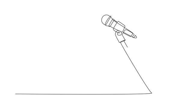 Self drawing animation of single line draw stand with microphone on white background. Singer sing song with standing mic at music concert summer festival. Continuous line draw. Full length animated