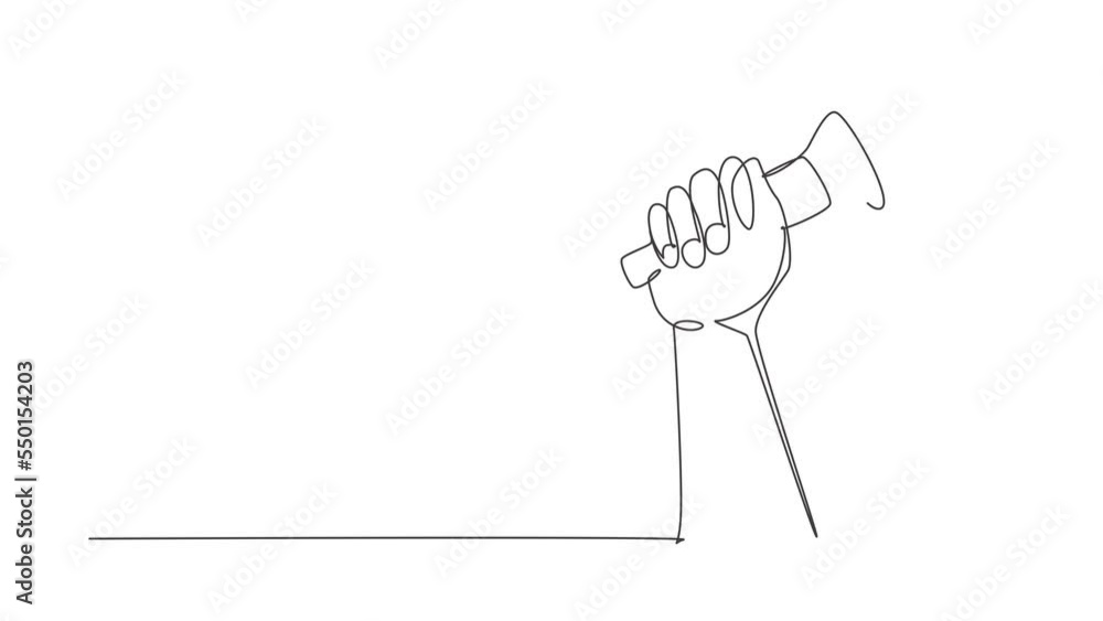 Poster animated self drawing of single continuous line draw microphone in hand, hand holding microphone in 