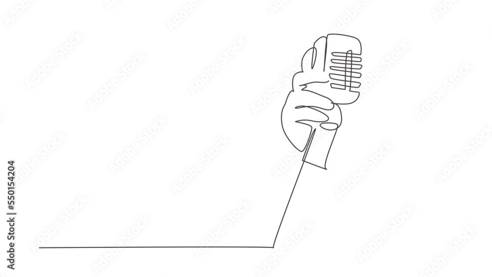 Poster animated self drawing of continuous line draw hand holding a retro microphone over white background.