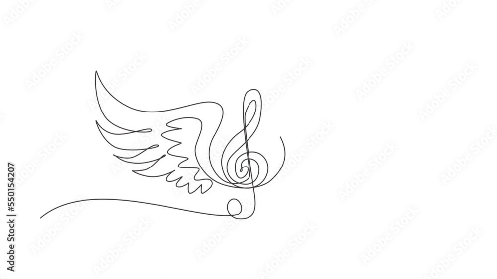 Poster animated self drawing of continuous one line draw treble clefs with wings isolated on white backgrou