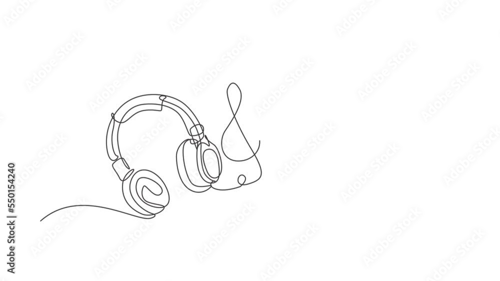 Poster animated self drawing of single continuous line draw headphones. music gadget and note. audio headph