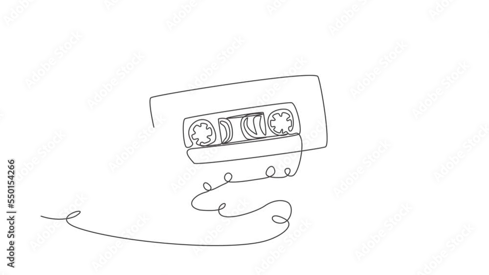 Aufkleber animated self drawing of single continuous line draw retro compact tape cassette. vintage music icon