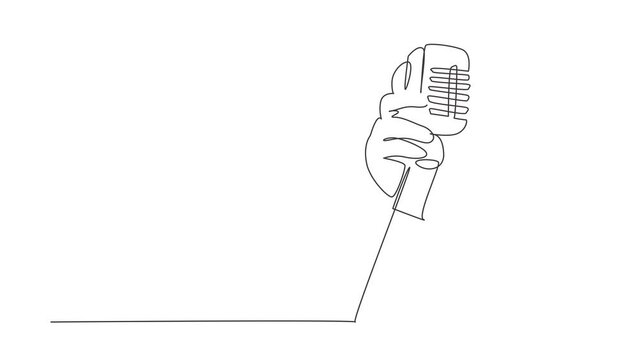 Animated self drawing of continuous line draw hand holding a retro microphone over white background. Rock music live concert with old microphone. Mic for sing a song. Full length single line animation