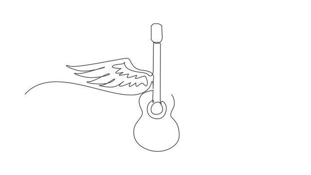 Animated self drawing of continuous line draw musical emblem with wings, fire and caption guitar music. Musical instrument. Rock concert. Acoustic guitar with wings. Full length single line animation