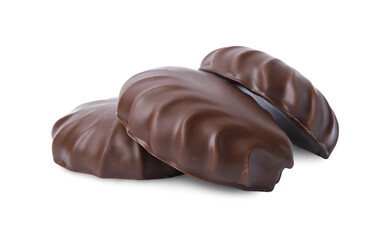 Delicious chocolate covered marshmallows isolated on white
